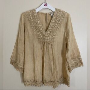 Rachel Zoe Cotton Tan bohemian  Embroidered Crochet V-neck Blouse
